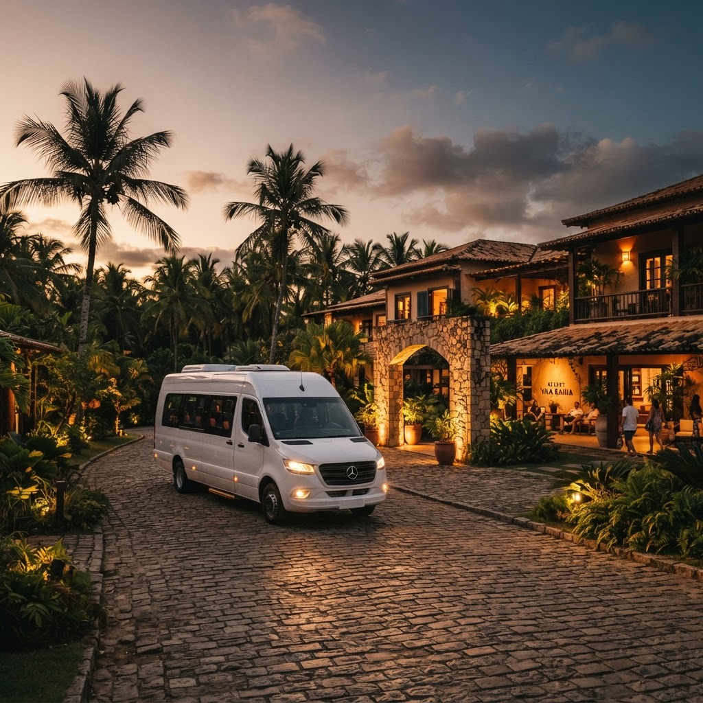 Van executiva branca da ALFI em frente a um resort tropical na Costa do Descobrimento ao entardecer